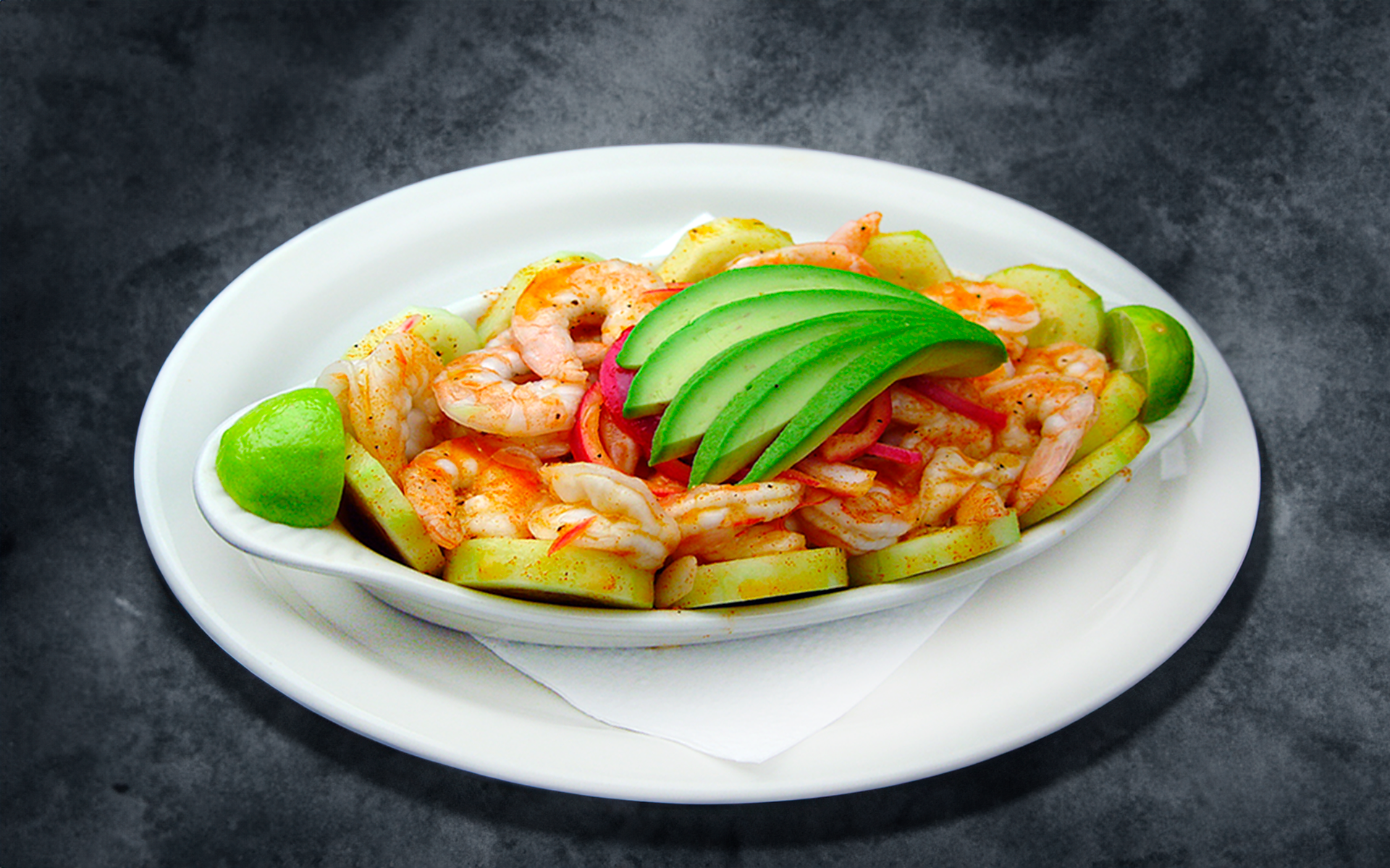 Aguachile with shrimp, fresh avocado, cucumber, and lime