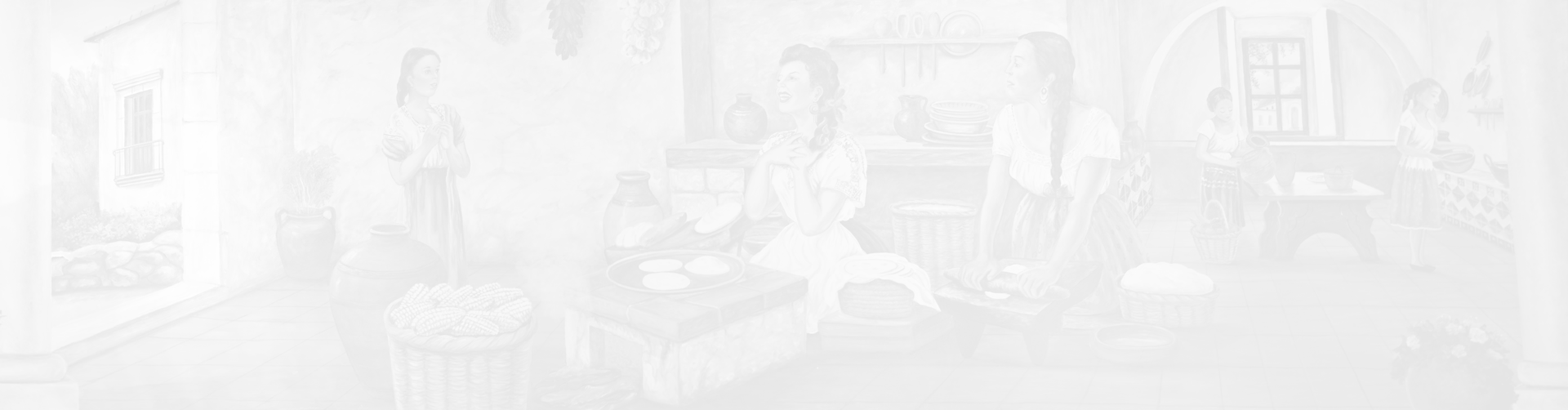 Traditional Mexican kitchen mural showing women preparing tortillas